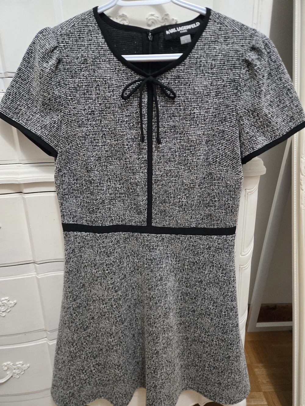 Karl Lagerfeld Black and White Knit Mini Dress with Bow Trim